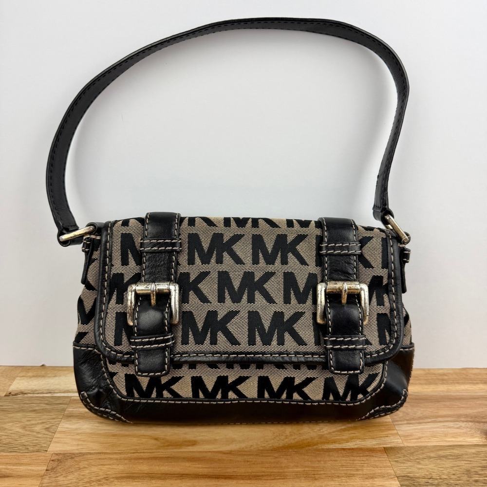Michael Kors Monogram Canvas Leather Trim Shoulder Bag Tan Black MK Purse